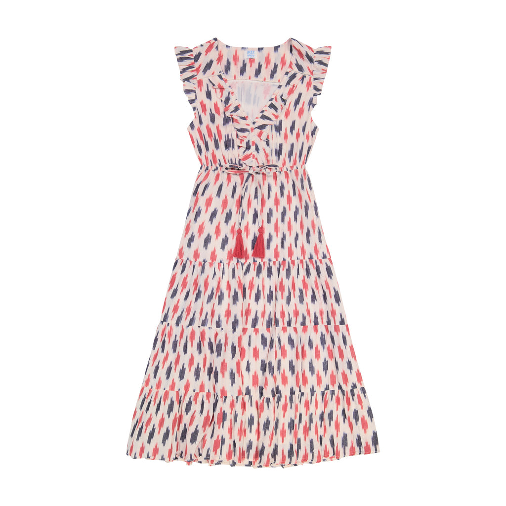 Giselle Women's Maxi Dress Cream Red Navy Ikat - The Well Appointed House
