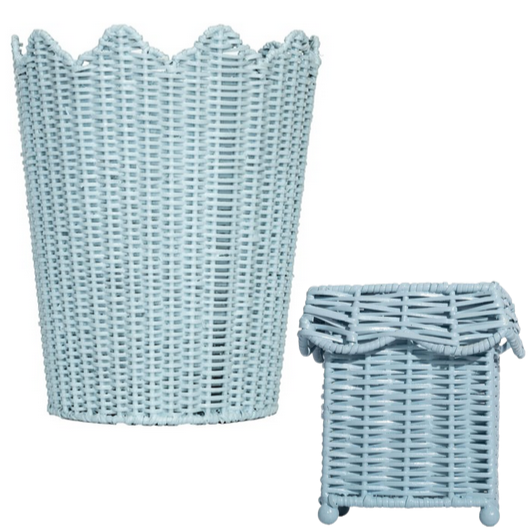 Blue Scalloped Wicker Wastepaper Basket & Tissue Holder - The Well Appointed House