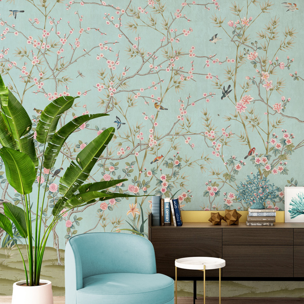 Parc Bonaire Chinoiserie Mural Wallpaper Panels in Aegean - The Well Appointed House